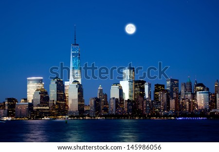 The New Freedom Tower And Lower Manhattan Skyline At Night