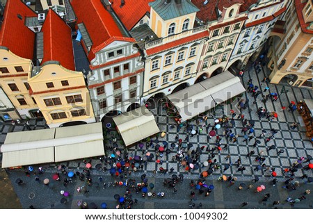 aerial view of Old Town Square neighborhood in Prague from the top of the town hall