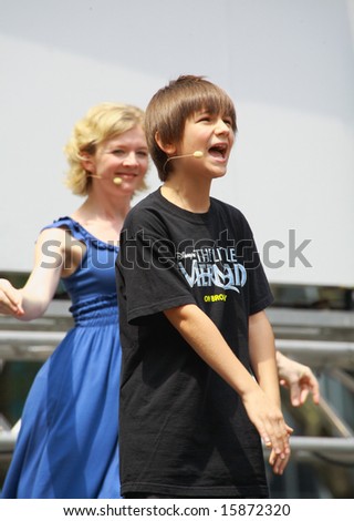 NEW YORK - JULY 31:  Brian D\'Addario with cast performed in The Little Mermaid at The Broadway in Bryant Park in NYC - a free public event on July 31, 2008