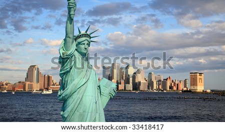 The Statue of Liberty and Lower Manhattan Skyline New York City
