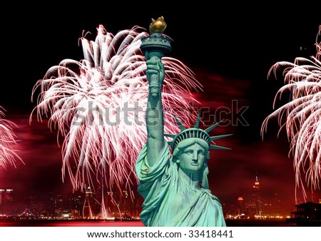 The Statue of Liberty and 4th of July fireworks in NYC