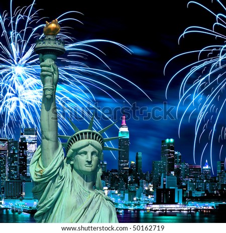 statue of liberty fireworks. The Statue of Liberty and