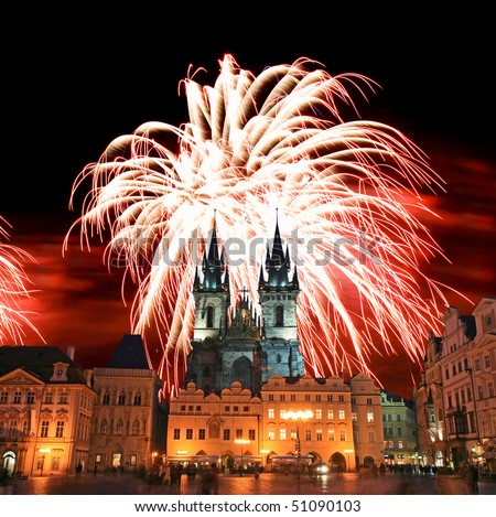 The Old Town Square in Prague City with a firework display
