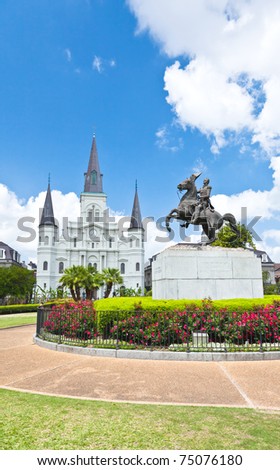 Saint Louis Cathedral and statue of Andrew Jackson in the Jackson Square New Orleans