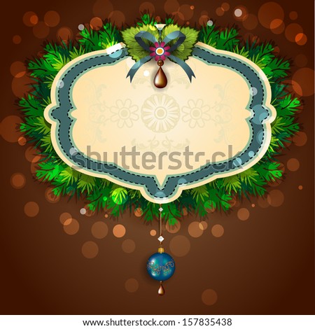 Label Christmas  with pine branches and blue decorations on chocolate background