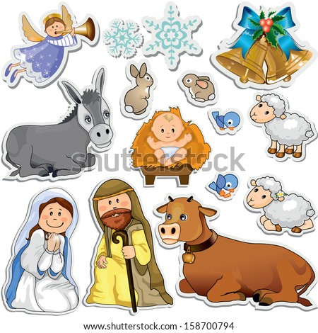 Set of Christmas stickers representing the characters of the holy family
