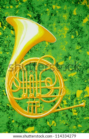 A brass French horn is against an abstract background of green and gold.