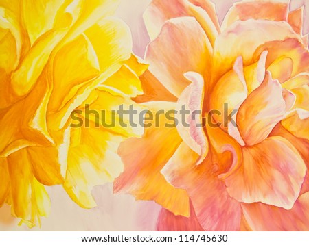 A yellow rose and a peach rose sparkle in bright light.