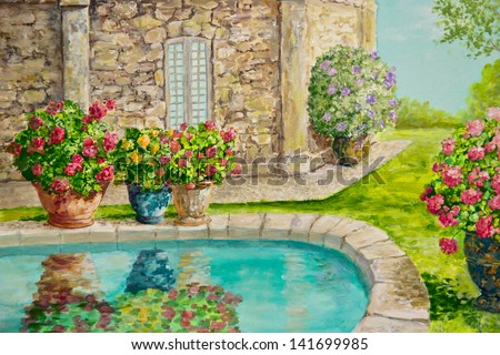 A stone villa\'s patio is decorated with large planters of flowers and bushes in a watercolor painting.