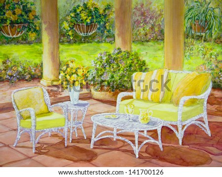A patio surrounded by columns and flowering hanging baskets has white wicker chairs and tables in an acrylic painting.