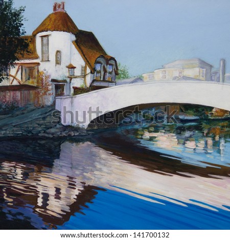 A rustic-looking house and a white bridge are reflected in a canal in Venice, CA, in an acrylic painting.