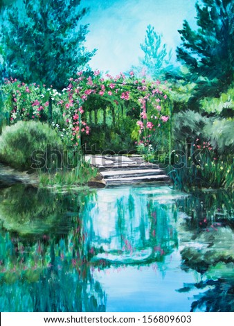 A Rose Trellis Shades The Boat Landing And Is Reflected In The Water Lily Pond At Giverny, Monet\'S France Estate, In An Acrylic Painting .