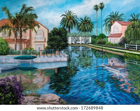 An acrylic painting shows a man rowing in a canal surrounded by houses, boats, palm trees and flowers.