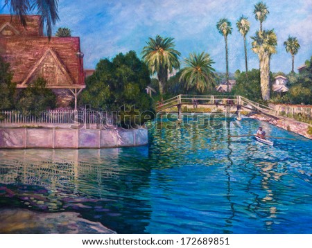 A man rows a boat in a canal reflecting late afternoon sun on houses and palm trees in an acrylic painting.