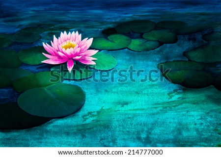 A pink water lily reaches for the light between water lily pads in an acrylic painting.