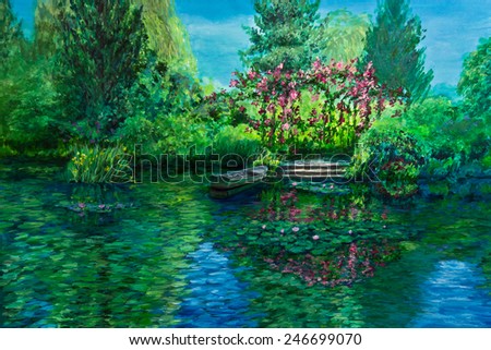 Roses climbing on trellises at the boat landing on Monet\'s water lily pond are reflected in the water.