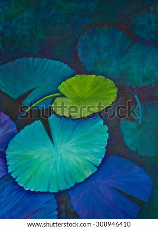 Water lily pads of aqua, turquoise, blue, yellow-green and lavender colors float on a pond in an acrylic painting.