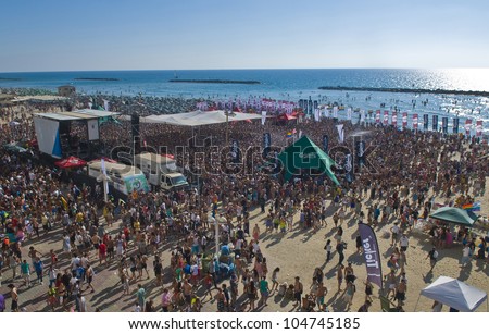TEL AVIV , ISRAEL - JUNE 08  : The annual Gay pride was followed by a huge beach party at Gordon beach in Tel Aviv on June 08 2012