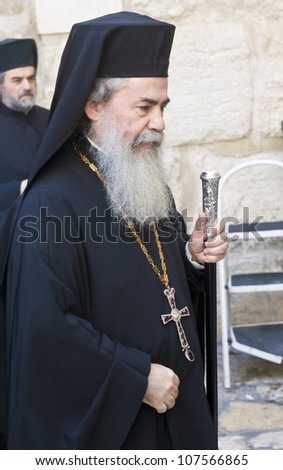 JERUSALEM - APRIL 13: The Greek Orthodox Patriarch of Jerusalem Theophilos III visit the church of the Holy Sepulcher in Jerusalem Israel during Easter on April 13 2012