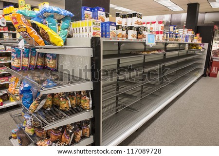 NEW YORK - OCT 28 : At many local groceries shops in Manhattan the shelves had been picked clean due to the arrival of Hurricane Sandy on October 28 2012 in New York.