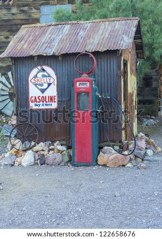 NELSON , USA - NOV 25 : Old wooden house and old fuel pump in Nelson Nevada ghost town on November 25 ,2012