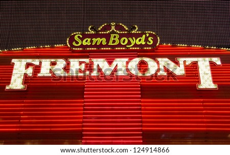 LAS VEGAS - DEC 07 : The Fremont hotel and casino sign in downtown Las Vegas on December 07, 2012. Las Vegas in 2012 broke the all-time visitor volume record of 39-plus million visitors