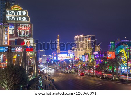 Las Vegas - Jan 24 : View Of The Strip On January 24, 2013 In Las Vegas. The Las Vegas Strip Is An Approximately 4.2-Mile (6.8 Km) Stretch Of Las Vegas Boulevard In Clark County, Nevada.