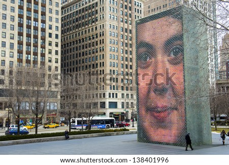 CHICAGO - MARCH 14 : View of the Crown Fountain in Millennium Park in Chicago on March 14 2013 ,The fountain is interactive work of public art and video sculpture designed by Jaume Plensa