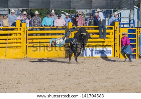 LAS VEGAS - MAY 17 : Cowboy Participant in a Bull riding Competition at the Helldorado Days Professional Rodeo in Las Vegas , USA on May 17 2013