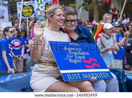 SAN FRANCISCO -  JUNE 30 : Kris Perry and Sandy Stier from the American Foundation for Equal Rights take part at the annual San Francisco Gay pride parade on June 30 2013