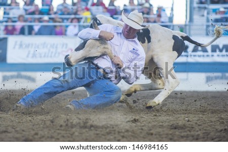 RENO , USA - JUNE 27 : Cowboy Participant in a Bull riding Competition at the Reno Rodeo  a Professional Rodeo held in Reno Nevada , USA on June 27 2013