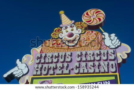 LAS VEGAS - OCT 08: The Circus Circus hotel and casino sign on October 08, 2013 in Las Vegas. Circus Circus features circus acts and carnival type games daily