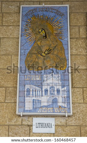 NAZARETH - OCT 15 : Lithuanian mosaic in the Basilica of the Annunciation in Nazareth Israel on October 15 2012 ,is a gift from Lithuanian Catholics to the church, alongside other different nations.