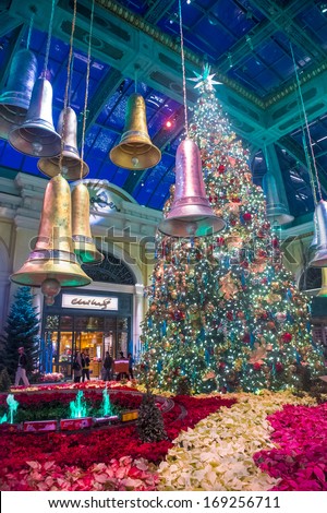 LAS VEGAS - DEC 30, 2013: Winter season in Bellagio Hotel Conservatory & Botanical Gardens on December 30 ,2013 in Las Vegas. There are five seasonal themes that the Conservatory undergoes each year.