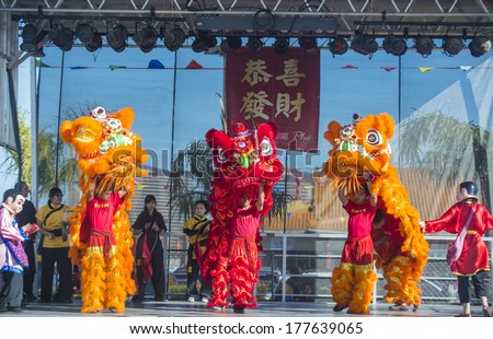 LAS VEGAS - FEB 09 : Lion dance performance during the Chinese New Year celebrations held in Las Vegas , Nevada on February 09 2014