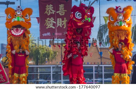 LAS VEGAS - FEB 09 : Lion dance performance during the Chinese New Year celebrations held in Las Vegas , Nevada on February 09 2014