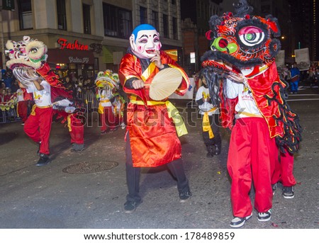 SAN FRANCISCO - FEB 15 : An unidentified participants in a Lion dance at the Chinese New Year Parade in San Francisco , California on February 15 2014 , It is the largest Asian event in North America
