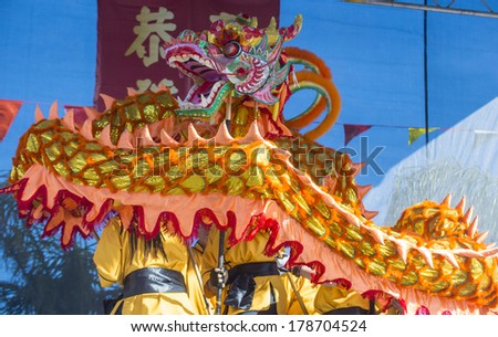 LAS VEGAS - FEB 09 : Dragon dance performers during the Chinese New Year celebrations held in Las Vegas, Nevada on February 09, 2014