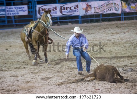 LAS VEGAS - MAY 16 : Cowboy Participating in a Calf roping Competition at the Helldorado days Rodeo , A Professional Rodeo held in Las Vegas, Nevada on May 16 2014