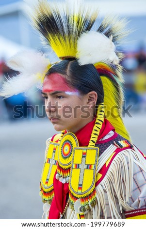 LAS VEGAS - MAY 24 : Native American man takes part at the 25th Annual Paiute Tribe Pow Wow on May 24 , 2014 in Las Vegas Nevada. Pow wow is native American cultural gathernig event.