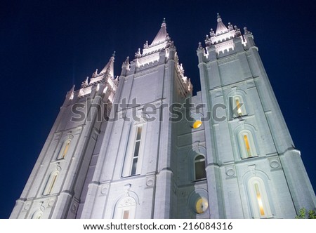 SALT LAKE CITY , UTAH - AUG 31 : The Mormons Temple in Salt Lake City , Utah on August 31 2014. The Salt Lake Temple is the centerpiece of the 10-acre Temple Square in Downtown Salt Lake City.