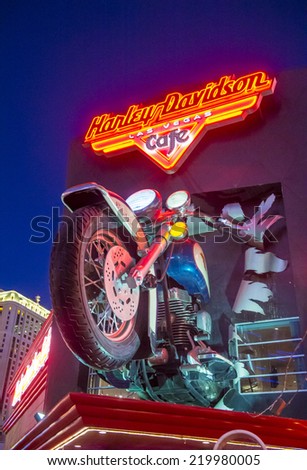 LAS VEGAS - SEP 18: The Harley Davidson Cafe in Las Vegas strip on September 18 2014. In the facade there is a 7.1:1 scale replica Sportster weighing 1,200 lbs and measuring 32 feet.