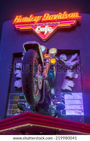LAS VEGAS - SEP 18: The Harley Davidson Cafe in Las Vegas strip on September 18 2014. In the facade there is a 7.1:1 scale replica Sportster weighing 1,200 lbs and measuring 32 feet.