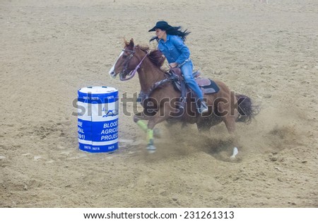 LAS VEGAS - NOV 05 : Cowgirl Participating in a Barrel racing competition at the Indian national finals rodeo held in Las Vegas , Nevada on November 05 2014