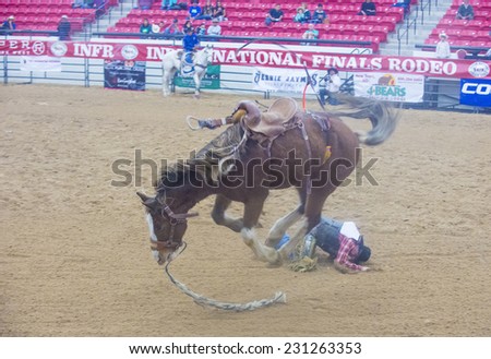 LAS VEGAS - NOV 05 : Cowboy Participating in a Bucking Horse Competition at the Indian national finals rodeo held in Las Vegas, Nevada on November 05 2014