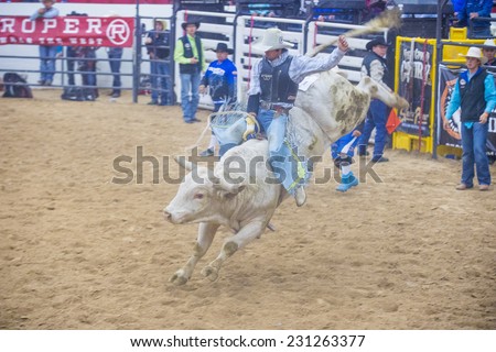 LAS VEGAS - NOV 05 : Cowboy Participating in a Bull riding Competition at the Indian national finals rodeo held in Las Vegas , Nevada on November 05 , 2014