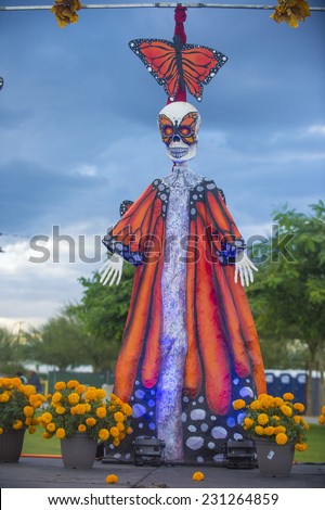 COACHELLA , CALIFORNIA - NOV 01 : Traditional Mexican art installation at the Dia De Los Muertos Experience in Coachella , California on November 01 2014