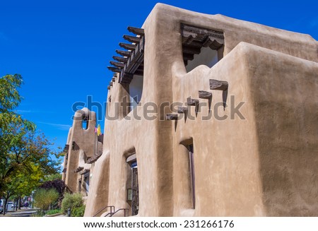 SANTA FE , NEW MEXICO - OCT 10 : Traditional Adobe architecture in Santa Fe New Mexico on October 10 2014 , Adobe architecture is very common in the US southwest.