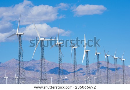 PALMS SPRINGS , CALIFORNIA - NOV 02 : Group of windmills for renewable electric energy production in Palms Springs , California on November 02 2014
