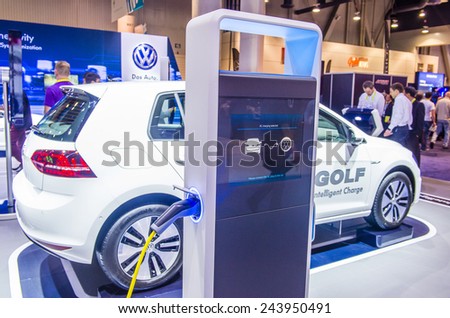 LAS VEGAS - JAN 09 : The Volkswagen E-Golf electric car at the CES Show in Las Vegas, Navada, on January 09, 2015. CES is the world\'s leading consumer-electronics show.